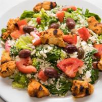 Judy's Salad · Grilled chicken kabob over our Greek salad. 