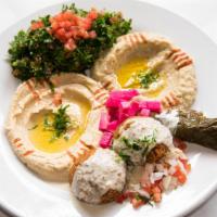 Vegetarian's Choice · Hummus, baba ghannouj, stuffed grape leaf, falafel and tabouleh.