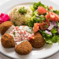 Falafel Entree · 5 pieces of falafel with onions, tomatoes and tahini sauce. Vegetarian.