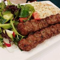 Beef Luleh Kabob Plate · Served with choice of side and salad mix with house dressing.