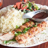 Chicken Luleh Kabob Plate · Served with choice of side and salad mix with house dressing.