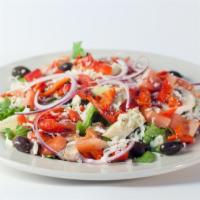 Tossed Mediterranean Salad · Romaine lettuce, tomatoes, mushroom, croutons, Greek olives, roasted bell peppers, mozzarell...