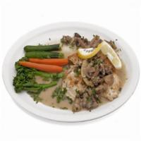 Chicken Piccata · Served with sauteed mushrooms in wine sauce, capers and lemon butter.