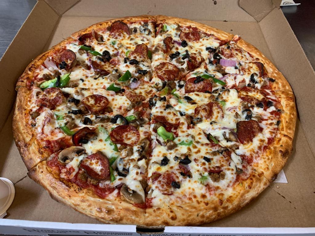 Supreme Pizza · Pepperoni, sausage, bacon, ham, green peppers, onions, mushrooms, black olives, tomatoes and jalapeno peppers on request.