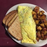 Western Omelette · Green peppers, onions and ham. Prepared with 3 large eggs and served with home fries and cho...