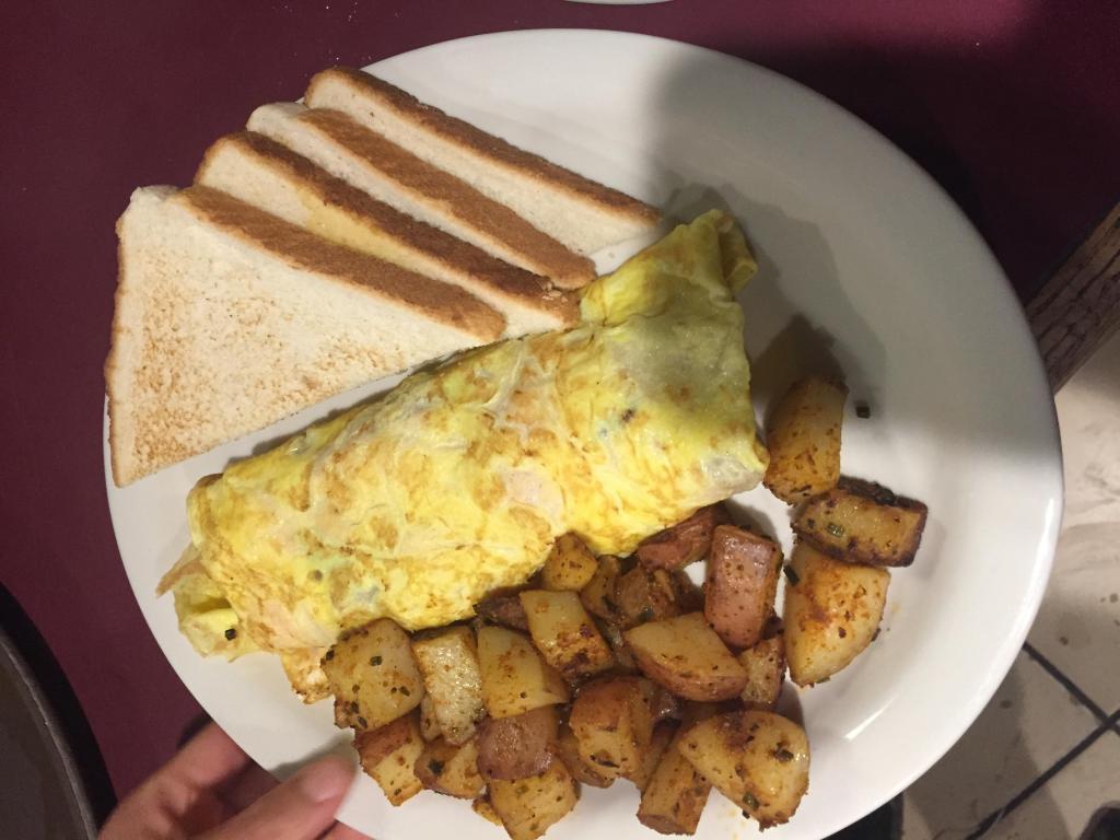 Albuquerque Omelette · Tomato, onion, black beans, avocado and salsa. Prepared with 3 large eggs and served with home fries and choice of toast.