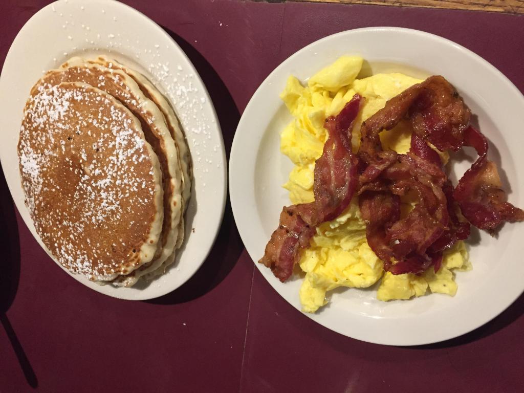 2 X 4 · 2 pancakes, 2 eggs any style, 2 sausages and 2 pieces of bacon.