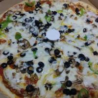 The Works Pizza · Pepperoni, ground sausage, fresh mushrooms, white onions, green peppers, black olives and ex...