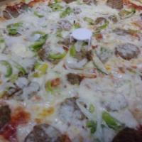 Meatball Designer Pizza · Meatballs, white onions, green peppers and extra cheese.