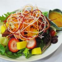 House Salad · Mixed greens, carrots, tomatoes, cucumbers, and seasonal fruit. Your choice of peanut or gin...