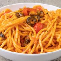 Mediterranean Pasta · Fresh tomato, black olive, capers, red onion, parsley and pepperoncini.