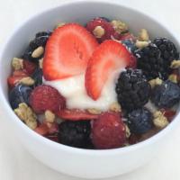 YOGURT PARFAIT · Berries, Vanilla Yogurt, Granola, honey, and Coconut