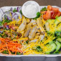 Chicken Fajita Salad · A bed of fresh greens, tomato, cucumber, carrots, red onion, pico de gallo, avocado, cheddar...