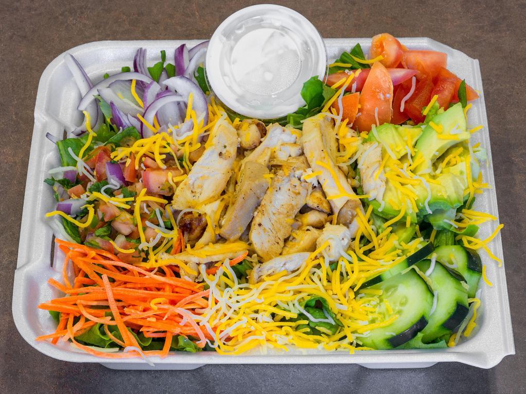 Chicken Fajita Salad · A bed of fresh greens, tomato, cucumber, carrots, red onion, pico de gallo, avocado, cheddar cheese and sour cream served with toasted coriander ranch dressing. Served with fresh french bread.