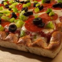 Sicilian Pizza · Square, deep-dish pan pizza.