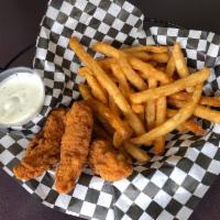 Chicken Fingers and French Fries · 3 Chicken Tenders Fried Golden Brown with a Small Side of French Fries.