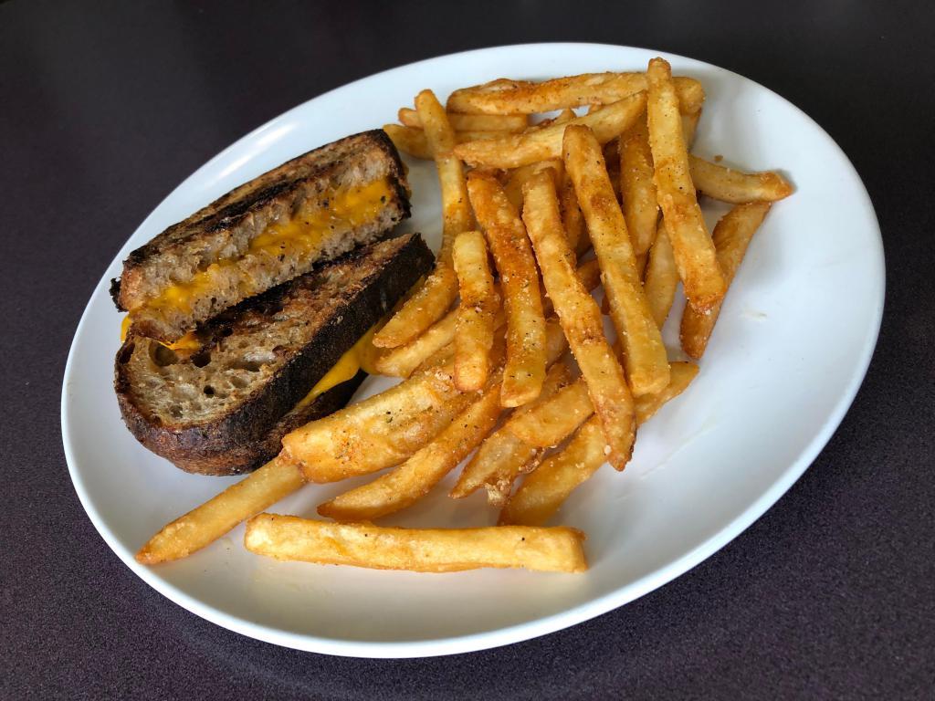 Grilled Cheese and French Fries · Cheddar Cheese, Crunchy Toasted Bread with a Small Side of French Fries.