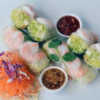 A3. Summer Roll · 4 pieces. Fresh roll stuffed with carrot, lettuce, cucumber and fresh basil served with pean...