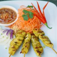 A6. Chicken Satay · 4 pieces. Sliced, marinated, skewered and grilled meat-on-stick served with homemade peanut ...
