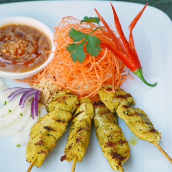 A6. Chicken Satay · 4 pieces. Sliced, marinated, skewered and grilled meat-on-stick served with homemade peanut sauce.