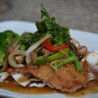 SP3. Basil Tilapia · Deep fried tilapia fillet with bell pepper, onion, green bean, mushroom and sweet basil in g...