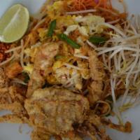 SP4. Pad Thai Soft Shell Crab · Rice noodles stir-fried with tofu, eggs, bean sprout, scallion, and crushed peanuts in tamar...