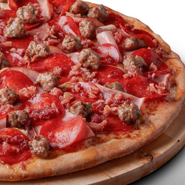 All Meat Pizza · Signature Red Tomato Sauce on our Original Crust, topped with Mozzarella Cheese, Pepperoni, Salami, Canadian Bacon, Smoked Bacon, and Italian Sausage.