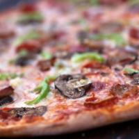 Veggie Pizza · Fresh spinach, mushrooms, caramelized onions, fresh garlic, and sauteed bell peppers.