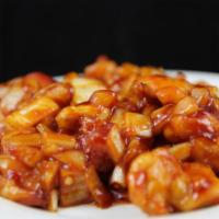 6. Szechwan Chicken · White meat chicken and white onions stir-fried in a sweet tomato-based Szechwan sauce. Spicy.