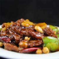 7. Kung Pao Beef · Beef, peanuts, green bell peppers, water chestnuts and chili peppers stir-fried in a Kung Pa...