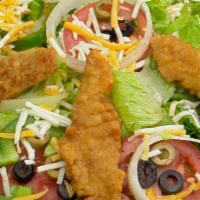 Chicken Tender Salad · House salad with three chicken tenders.