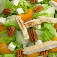 Raspberry Pecan Chicken Salad · Fresh green lettuce mix with grilled chicken, chopped pecans, Mandarin oranges, crumbled fet...