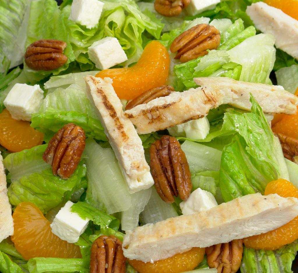 Raspberry Pecan Chicken Salad · Fresh green lettuce mix with grilled chicken, chopped pecans, Mandarin oranges, crumbled feta cheese and raspberry vinaigrette dressing.