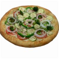 California Veggie Pizza · Olive oil, fresh garlic, spinach, broccoli, zucchini, tomato, onions and green peppers.