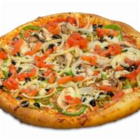 Vegetarian Feast Pizza · Green peppers, onions, tomatoes, black and green olives and mushrooms.
