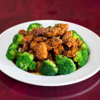 Sesame Chicken · Crispy white meat chicken wok tossed in a sweet and spicy sesame sauce.