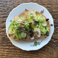 Pan con Aguacate v · toast with avocado, radish, olive oil and sea salt.