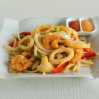 Crispy Calamari and Shrimp · Tossed with green onion and chili in our salt and pepper seasoning.