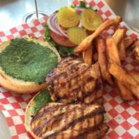 The 49er Burger · Free-range chicken breast boneless, skinless, marinated and broiled and served on a bun with...