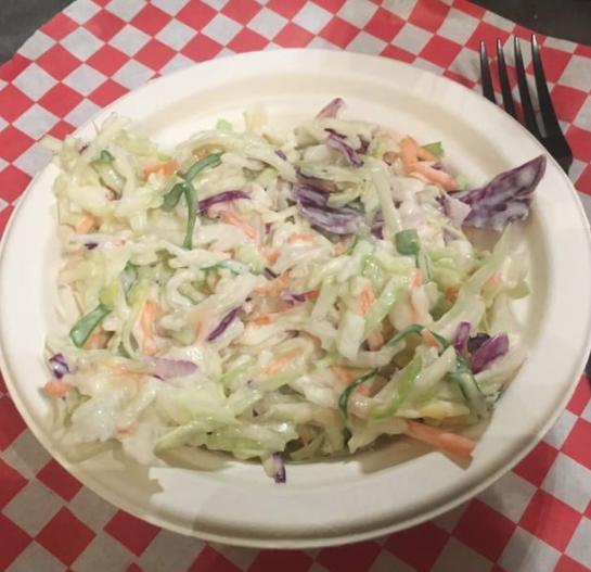 Coleslaw · Finely shredded raw cabbage with salad dressing.