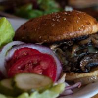 Mushroom Swiss Burger Lunch · Served with choice of fries, soup or house salad. 1/3 lb. all natural beef cooked to order a...