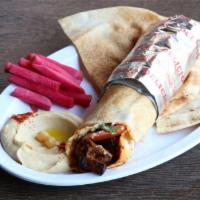 Beef Kebab Wrap · Lettuce, tomatoes & hummus served with pickled turnips & a side pick.