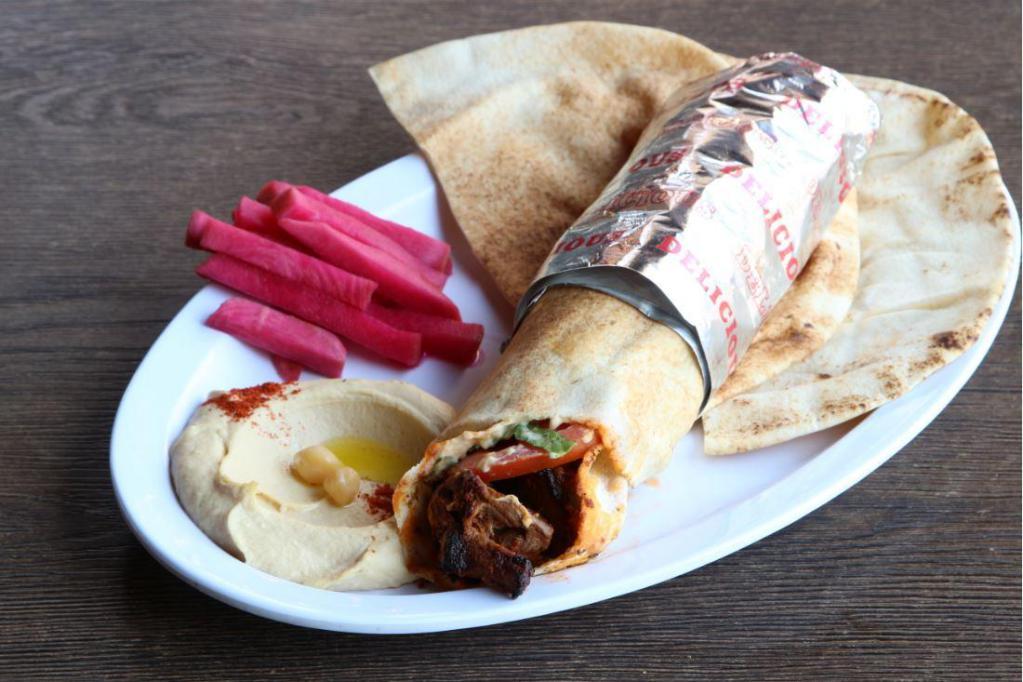 Beef Kebab Wrap · Lettuce, tomatoes & hummus served with pickled turnips & a side pick.