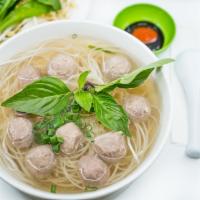 5. Large Beef Balls Pho · Vietnamese pho noodle soup served with beef ball, rice noodle, garnished with green and whit...