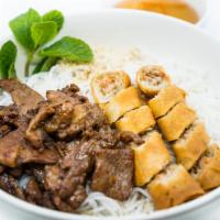 27. BBQ Sirloin Pork Slices and Spring Roll Vermicelli · Thin slices of sirloin pork and crispy spring roll on top of a bed of thin (vermicelli) rice...