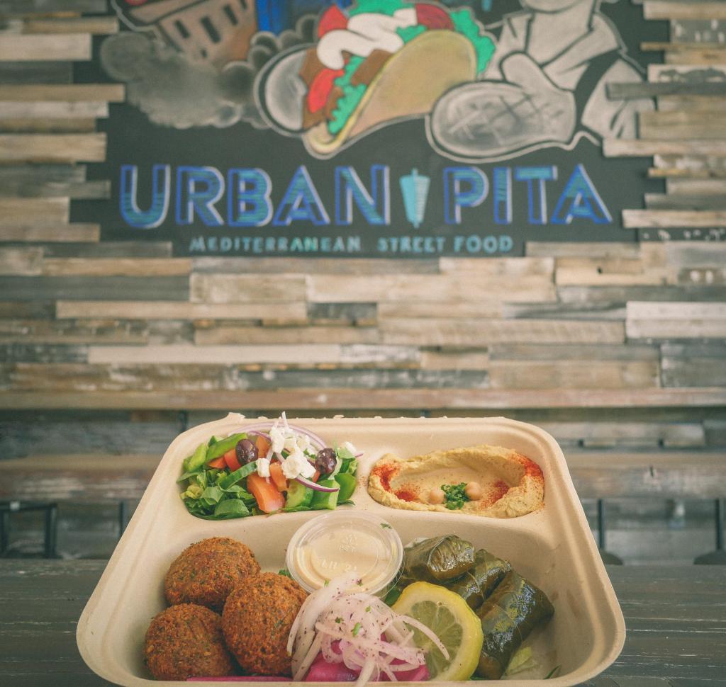 Veggie Plate Combo · 3 pieces of falafel and 3 pieces of dolmades. Served with Greek salad, hummus, and pita bread.