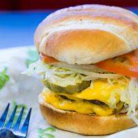 Geno's Classic Burger · Lettuce, tomato, onions, pickle, and yellow American cheese.