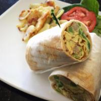 Breakfast Burrito · Organic eggs, turkey sausage, onions and green peppers in spicy chipotle ranch sauce with a ...