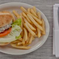 Hercules Burger · Seasoned ground beef with provolone cheese, lettuce, pickle, tomato and mayonnaise.