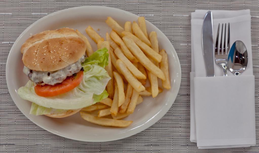 Hercules Burger · Seasoned ground beef with provolone cheese, lettuce, pickle, tomato and mayonnaise.